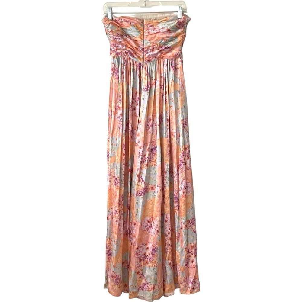 AMUR  Strapless Floral Maxi Dress Size 4 Peach Blue Smocked Bodice Wide Leg Flow - Picture 4 of 13